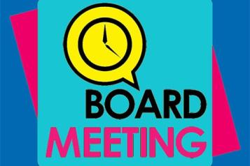 The words 'board meeting' and a yellow clock face on a turquoise square and a pink square and dark blue background. 