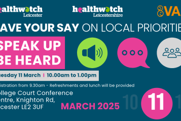 Dark blue background and text saying Have Your Say On Local Priorities. Speak and Be Heard. Healthwatch Leicester, Healthwatch Leicestershire and Voluntary Action Leicestershire logos 